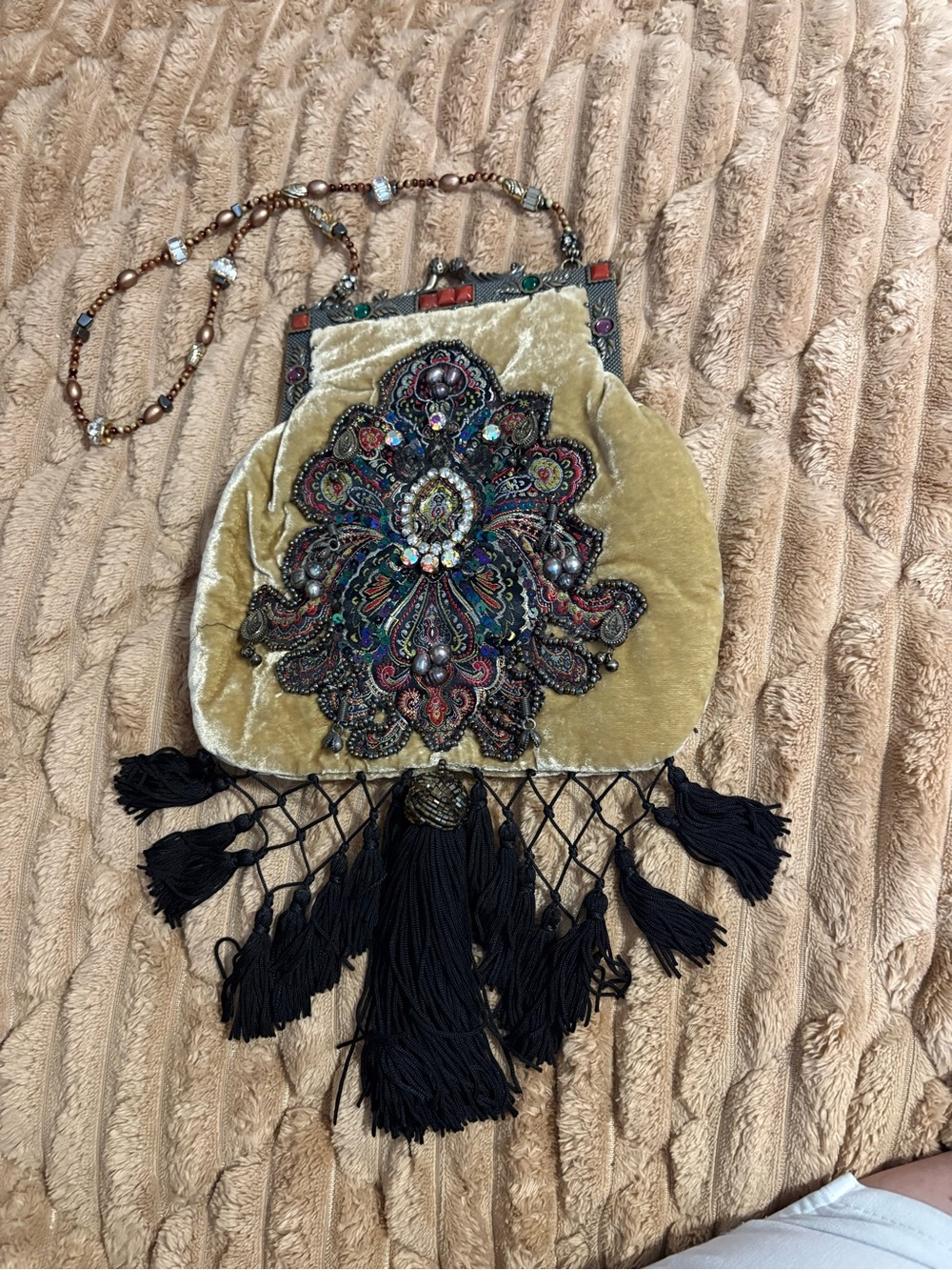 Vintage Mary Frances Debut Gold Velvet Beaded Evening Bag with Black Tassels